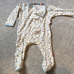 Magnetic Me Cream Footed One-Piece with Blue Trim and Animal Print